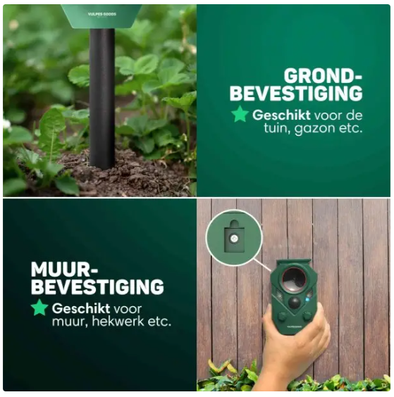 Vulpes Goods® – Kattenverjager Premium – 5 x 9 x 14 cm – Voorzien Van 5 Werkmodi En PIR-Sensor En LED-Flitsen En Zonne-Energie – Voor Tuin En Balkon – Groen Kunststof