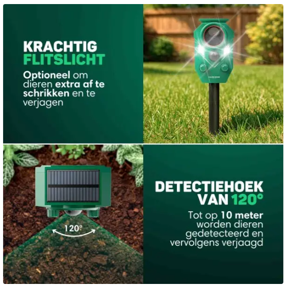 Vulpes Goods® – Kattenverjager Premium – 5 x 9 x 14 cm – Voorzien Van 5 Werkmodi En PIR-Sensor En LED-Flitsen En Zonne-Energie – Voor Tuin En Balkon – Groen Kunststof