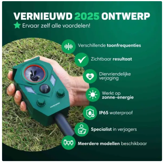 Vulpes Goods® – Kattenverjager Premium – 5 x 9 x 14 cm – Voorzien Van 5 Werkmodi En PIR-Sensor En LED-Flitsen En Zonne-Energie – Voor Tuin En Balkon – Groen Kunststof