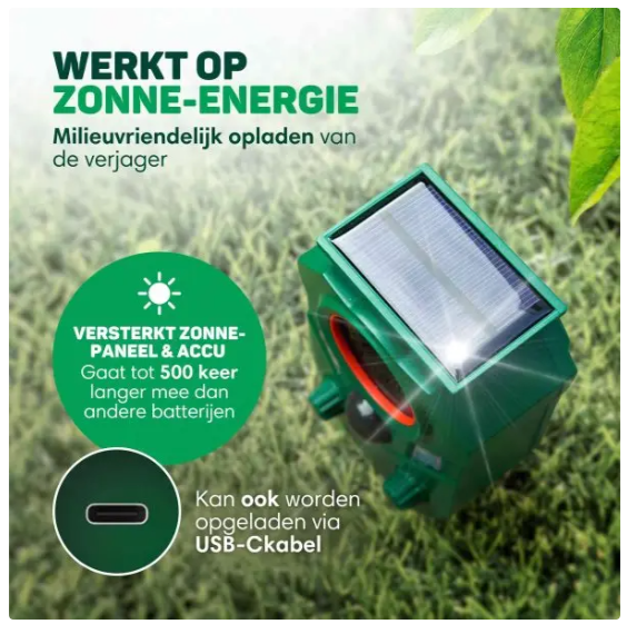 Vulpes Goods® – Kattenverjager Premium – 5 x 9 x 14 cm – Voorzien Van 5 Werkmodi En PIR-Sensor En LED-Flitsen En Zonne-Energie – Voor Tuin En Balkon – Groen Kunststof