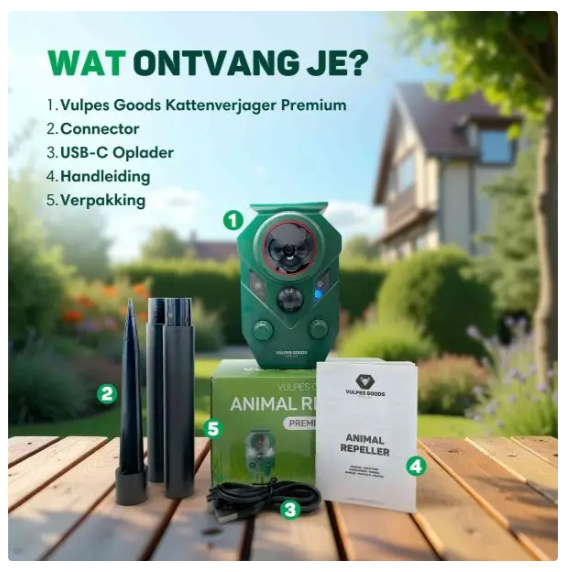 Vulpes Goods® – Kattenverjager Premium – 5 x 9 x 14 cm – Voorzien Van 5 Werkmodi En PIR-Sensor En LED-Flitsen En Zonne-Energie – Voor Tuin En Balkon – Groen Kunststof