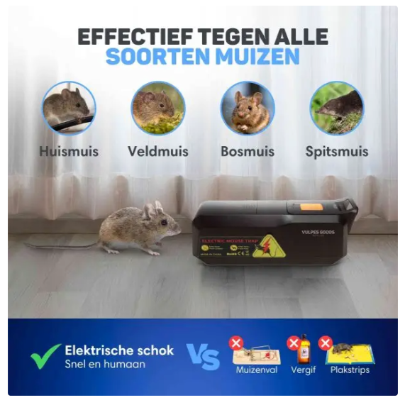Vulpes Goods® – Elektrische Muizenval Mini – 18,8 x 8 x 6 cm – Voorzien Van 1800V Schokspanning En Dual Power En LED-Indicator En Buzzer – Voor Binnenshuis En Keuken – Zwart ABS Kunststof