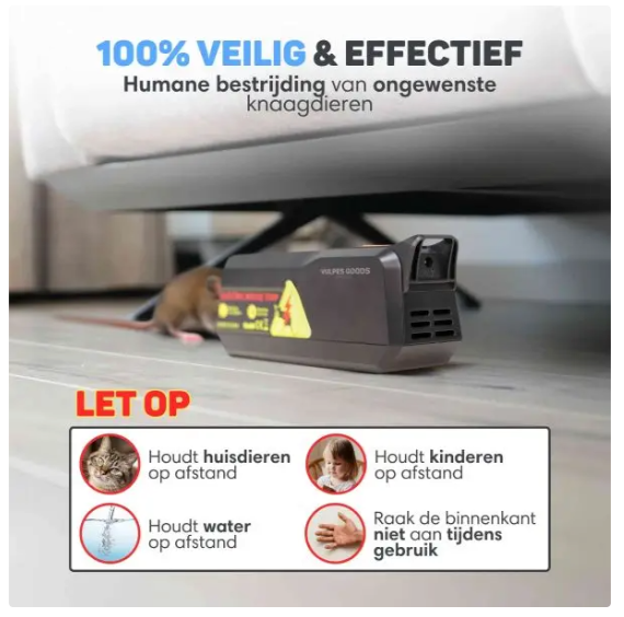 Vulpes Goods® – Elektrische Muizenval Mini – 18,8 x 8 x 6 cm – Voorzien Van 1800V Schokspanning En Dual Power En LED-Indicator En Buzzer – Voor Binnenshuis En Keuken – Zwart ABS Kunststof