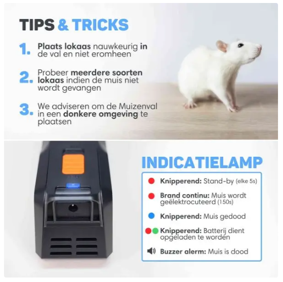 Vulpes Goods® – Elektrische Muizenval Mini – 18,8 x 8 x 6 cm – Voorzien Van 1800V Schokspanning En Dual Power En LED-Indicator En Buzzer – Voor Binnenshuis En Keuken – Zwart ABS Kunststof