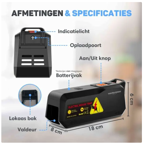 Vulpes Goods® – Elektrische Muizenval Mini – 18,8 x 8 x 6 cm – Voorzien Van 1800V Schokspanning En Dual Power En LED-Indicator En Buzzer – Voor Binnenshuis En Keuken – Zwart ABS Kunststof