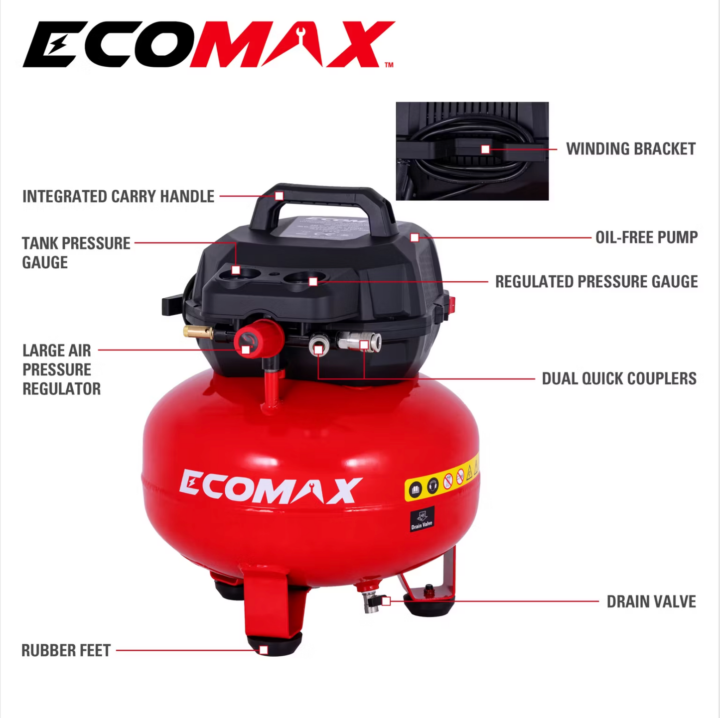 Ecomax Pancake Luchtcompressor 23L - Compact en Krachtig - Dubbele Aansluiting