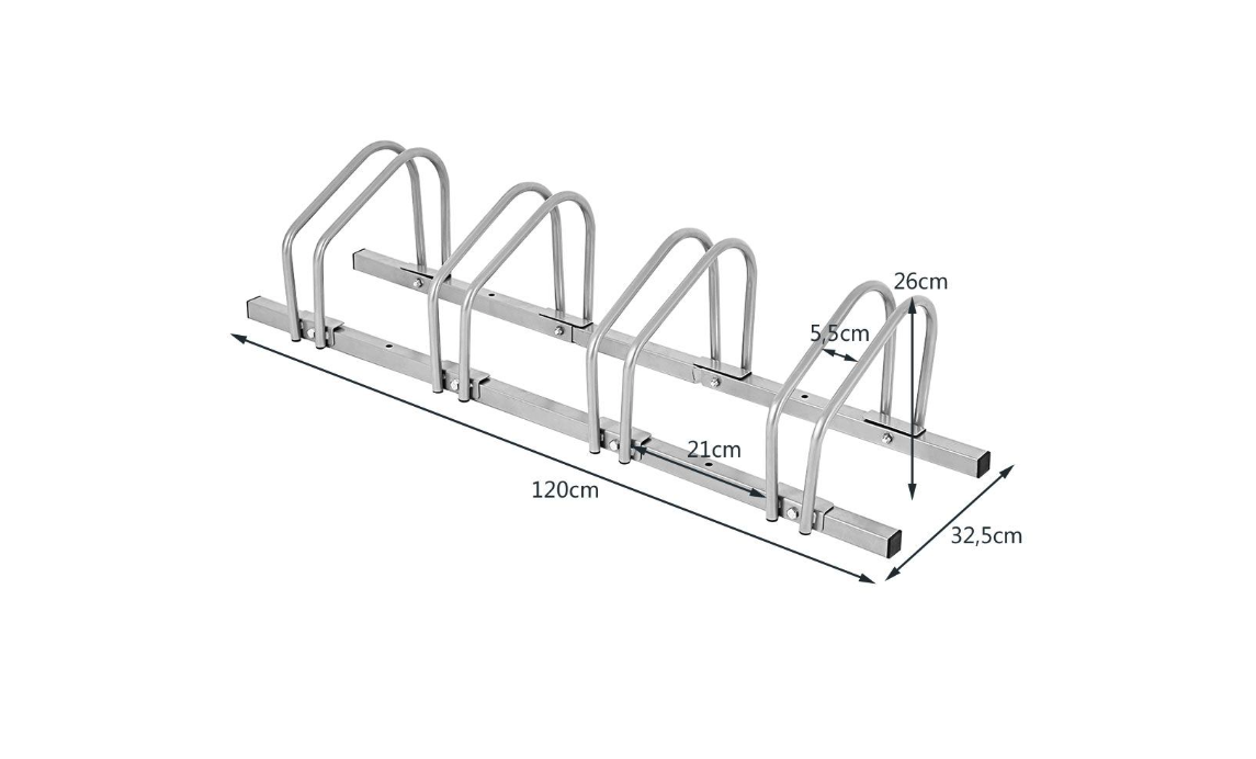 Coast – Fietsstandaard Voor 4 Fietsen – 120 x 32,5 x 26 cm – Voorzien Van Gepoedercoat Staal En Roestbestendig Oppervlak En Optionele Vloerbevestiging – Voor Garage En Tuin – Zilver Staal