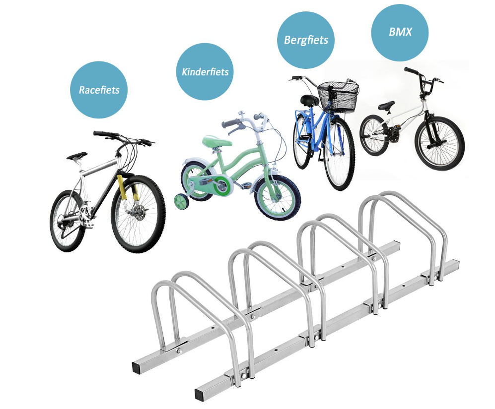 Coast – Fietsstandaard Voor 4 Fietsen – 120 x 32,5 x 26 cm – Voorzien Van Gepoedercoat Staal En Roestbestendig Oppervlak En Optionele Vloerbevestiging – Voor Garage En Tuin – Zilver Staal