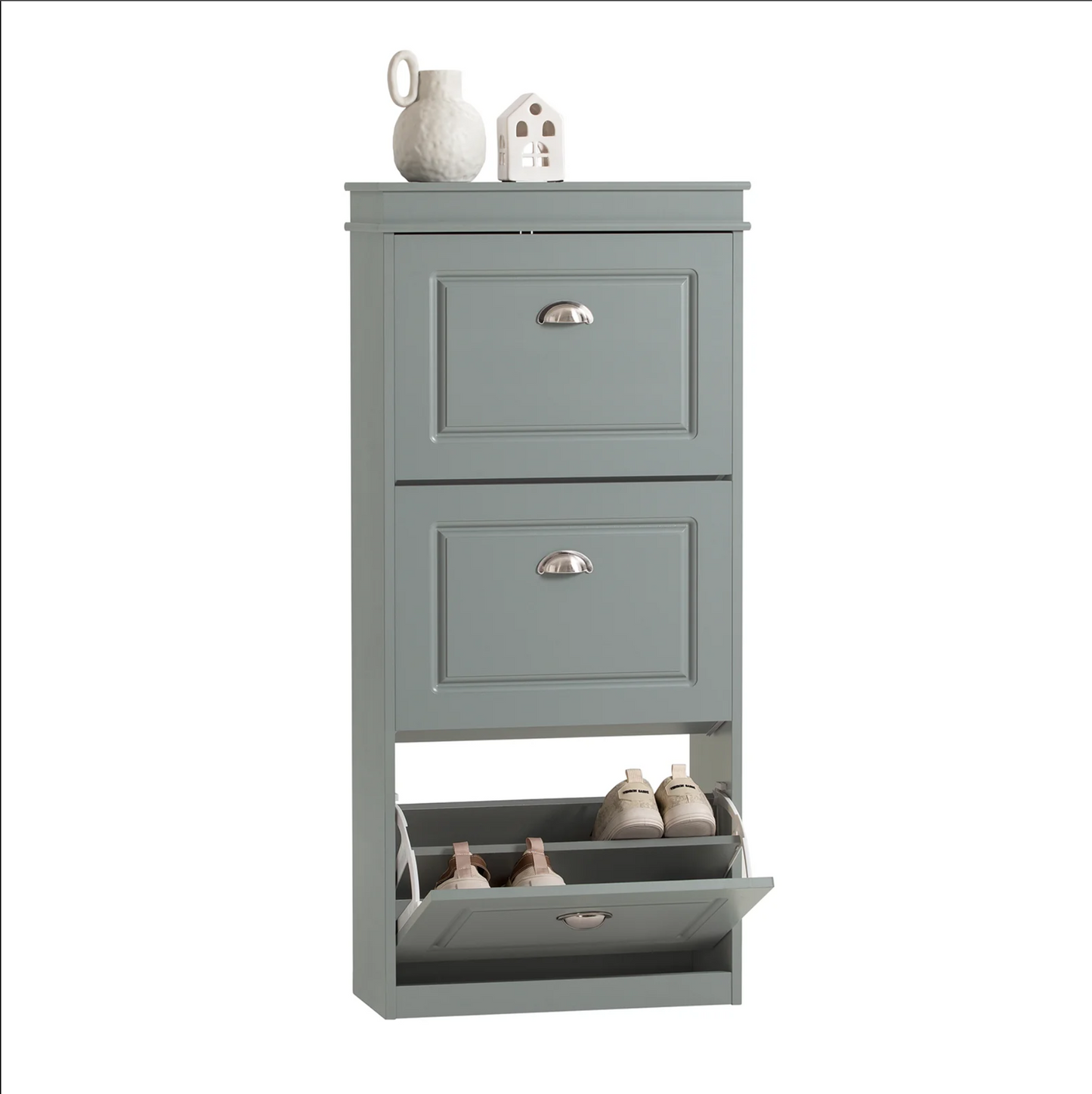 SoBuy Moderne Schoenenkast – 3 Kleppen Schoenenopslag – Stijlvol & Ruimtebesparend Halmeubel – 53x24x117 cm – Grijs