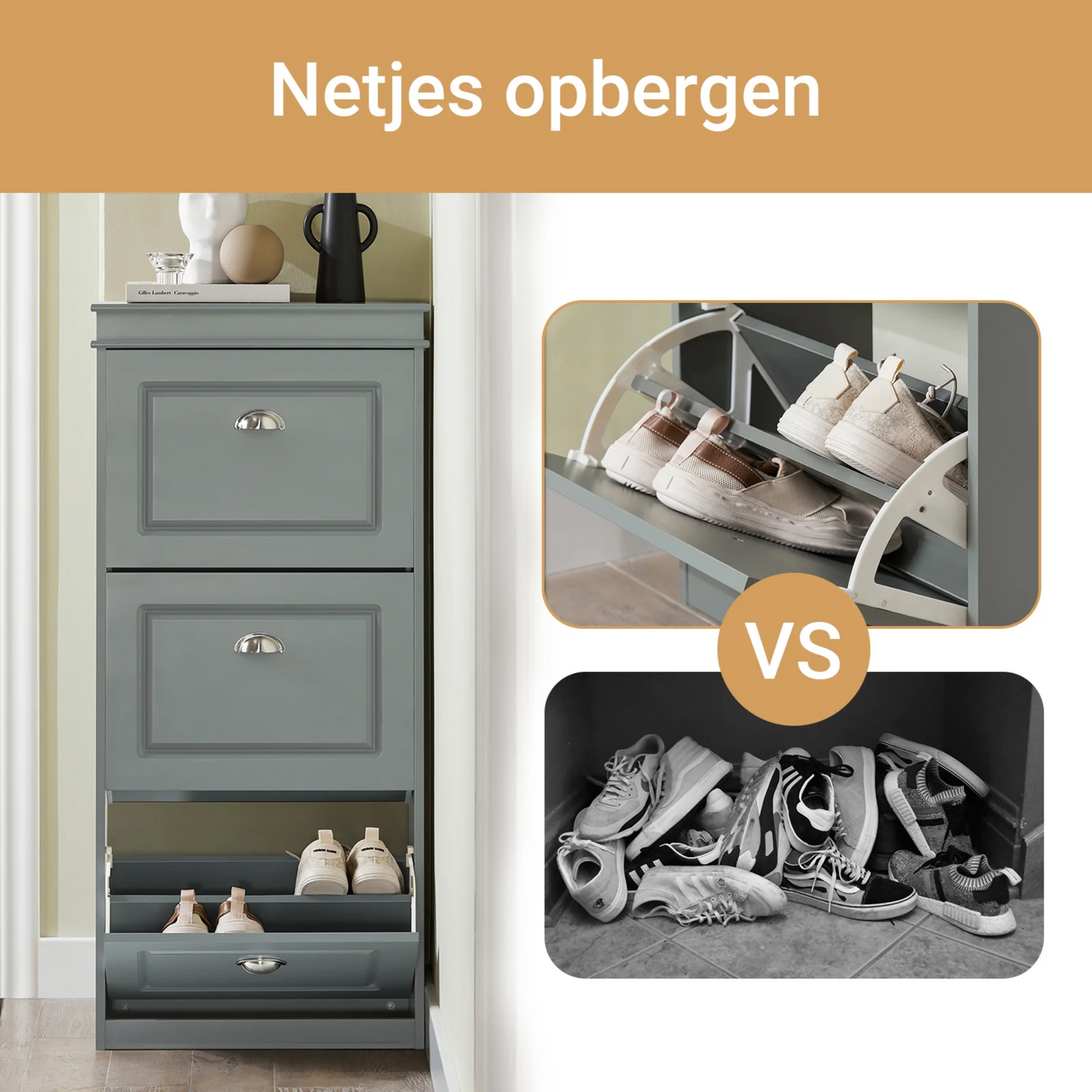 SoBuy Moderne Schoenenkast – 3 Kleppen Schoenenopslag – Stijlvol & Ruimtebesparend Halmeubel – 53x24x117 cm – Grijs