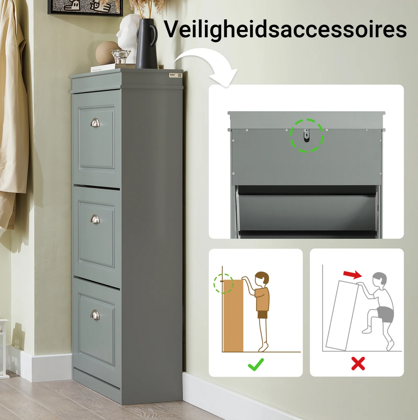 SoBuy Moderne Schoenenkast – 3 Kleppen Schoenenopslag – Stijlvol & Ruimtebesparend Halmeubel – 53x24x117 cm – Grijs