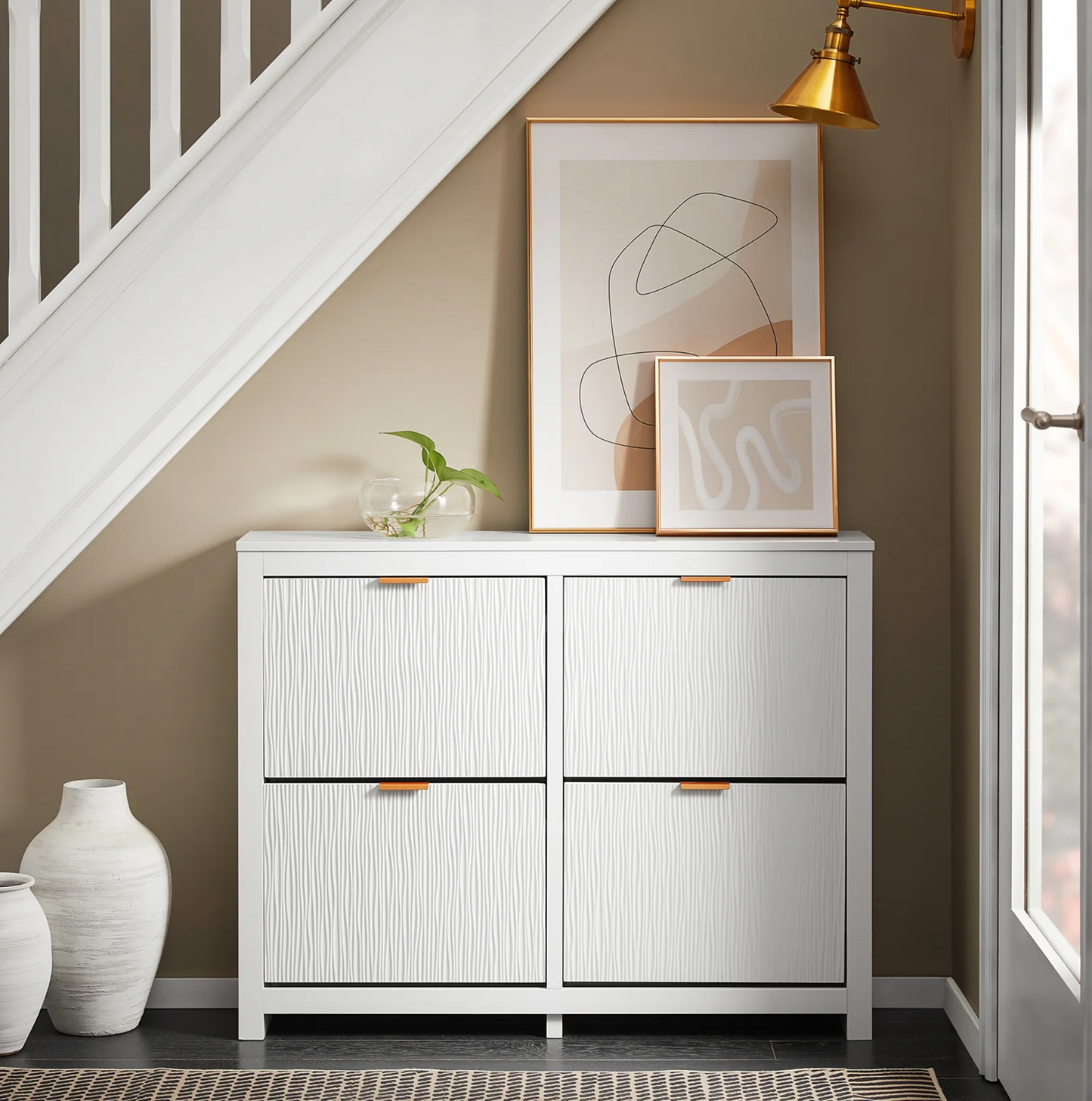 SoBuy FSR186-II-W Schoenenkast – Smalle Opbergkast met 4 Kleppen, Compact en Ruimtebesparend voor Hal en Woonkamer – 104x23x82 cm – Wit