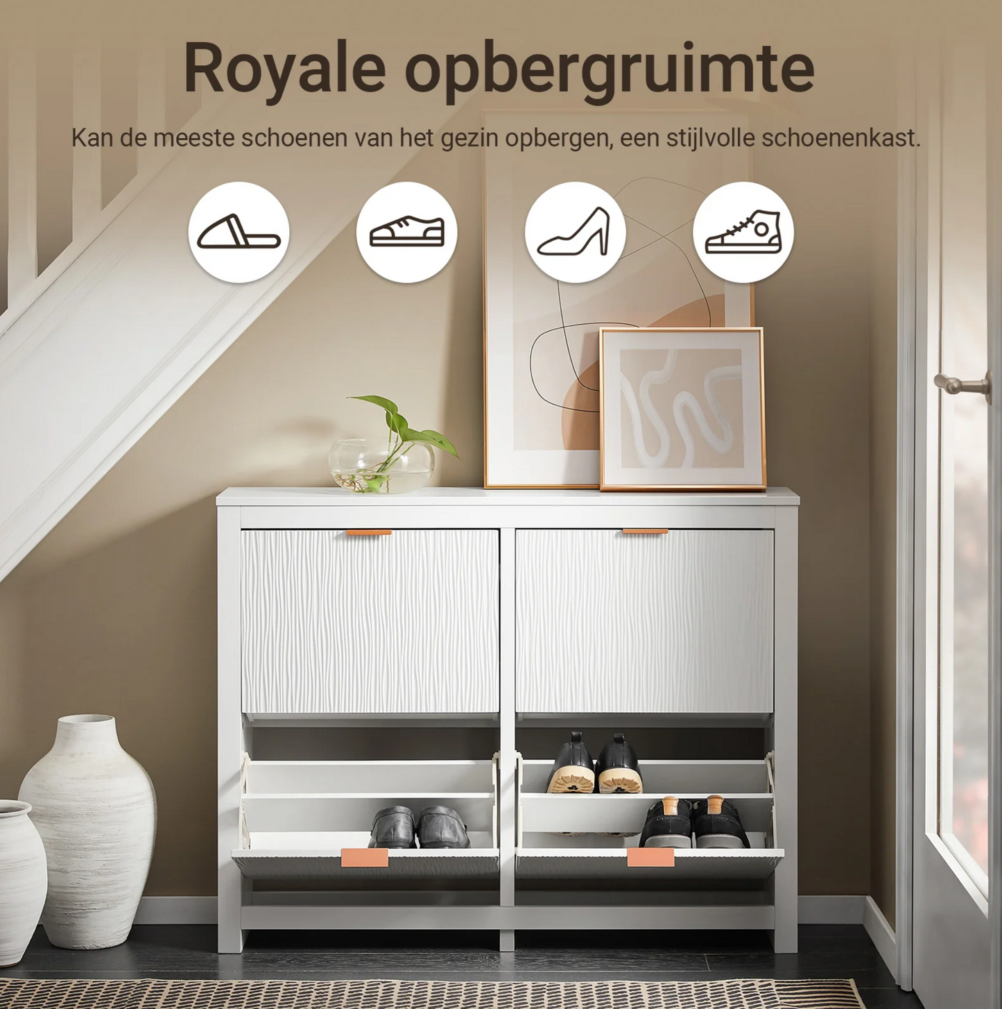 SoBuy FSR186-II-W Schoenenkast – Smalle Opbergkast met 4 Kleppen, Compact en Ruimtebesparend voor Hal en Woonkamer – 104x23x82 cm – Wit