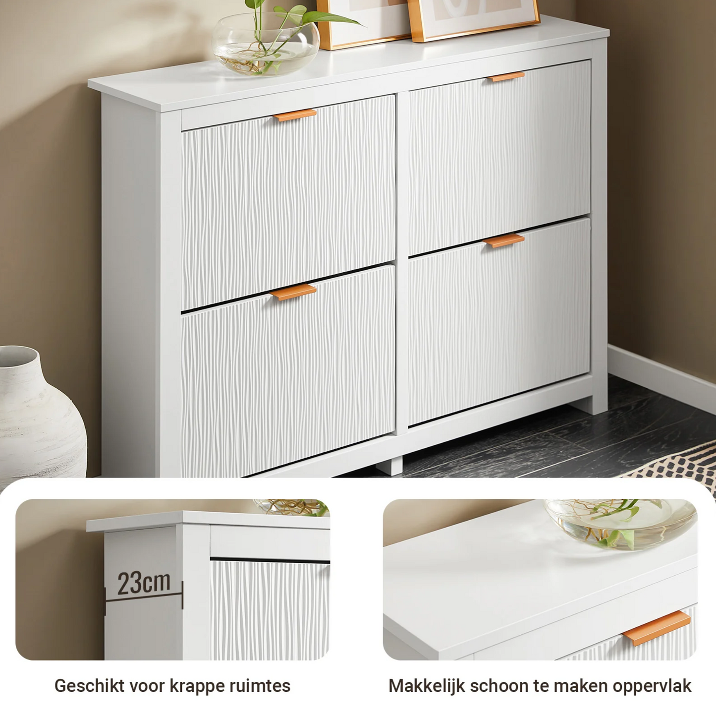 SoBuy FSR186-II-W Schoenenkast – Smalle Opbergkast met 4 Kleppen, Compact en Ruimtebesparend voor Hal en Woonkamer – 104x23x82 cm – Wit