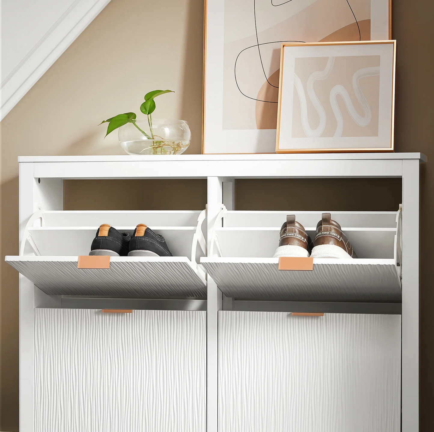 SoBuy FSR186-II-W Schoenenkast – Smalle Opbergkast met 4 Kleppen, Compact en Ruimtebesparend voor Hal en Woonkamer – 104x23x82 cm – Wit