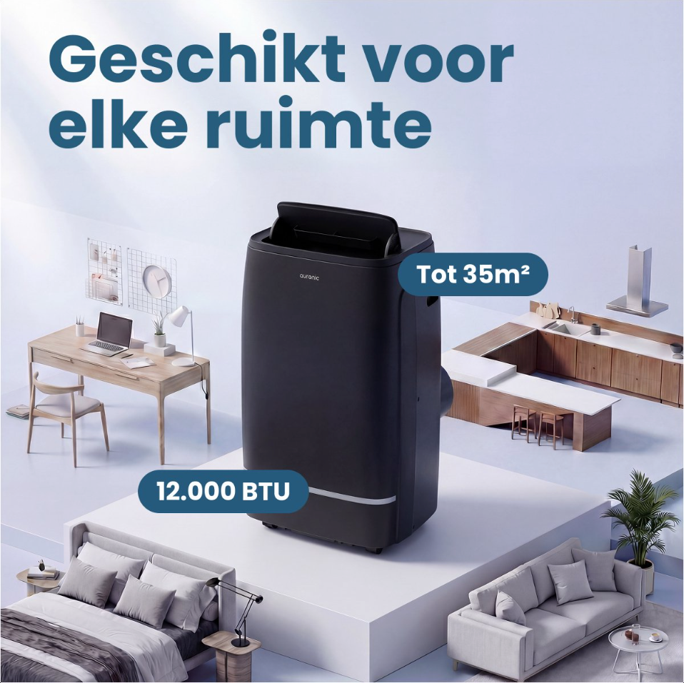 Auronic 12.000 BTU Mobiele Airco – 4-in-1 – Zwart