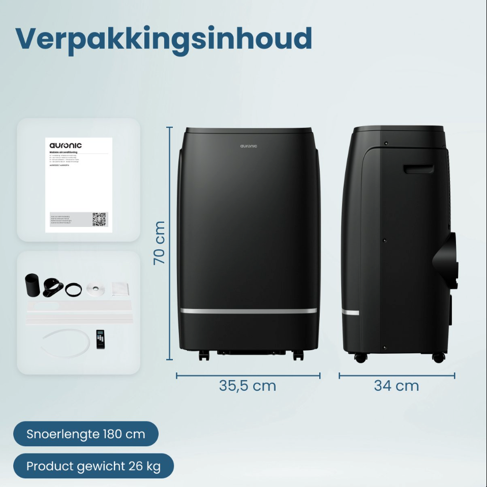 Auronic 12.000 BTU Mobiele Airco – 4-in-1 – Zwart