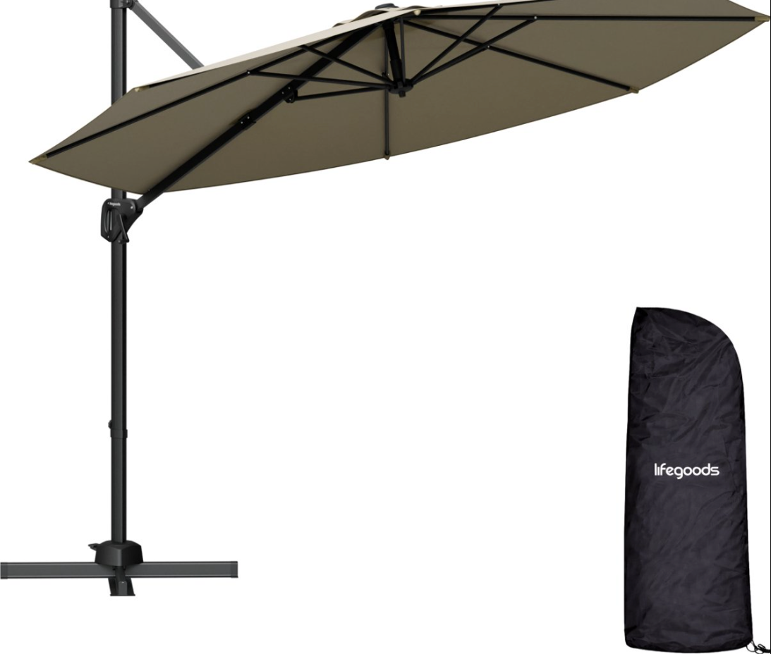 LifeGoods Zweefparasol Ø300 cm – 360° Draaibaar – 6 Standen – Incl. Hoes – Taupe