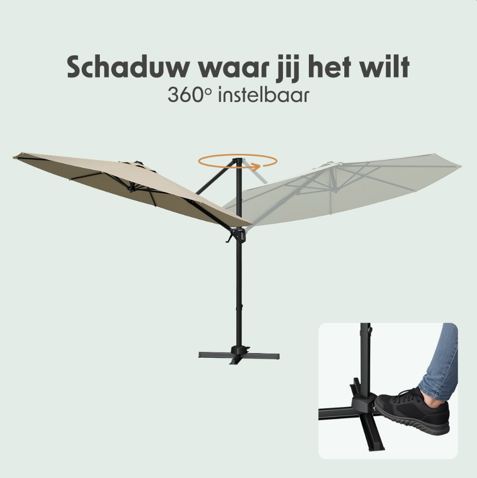 LifeGoods Zweefparasol Ø300 cm – 360° Draaibaar – 6 Standen – Incl. Hoes – Taupe