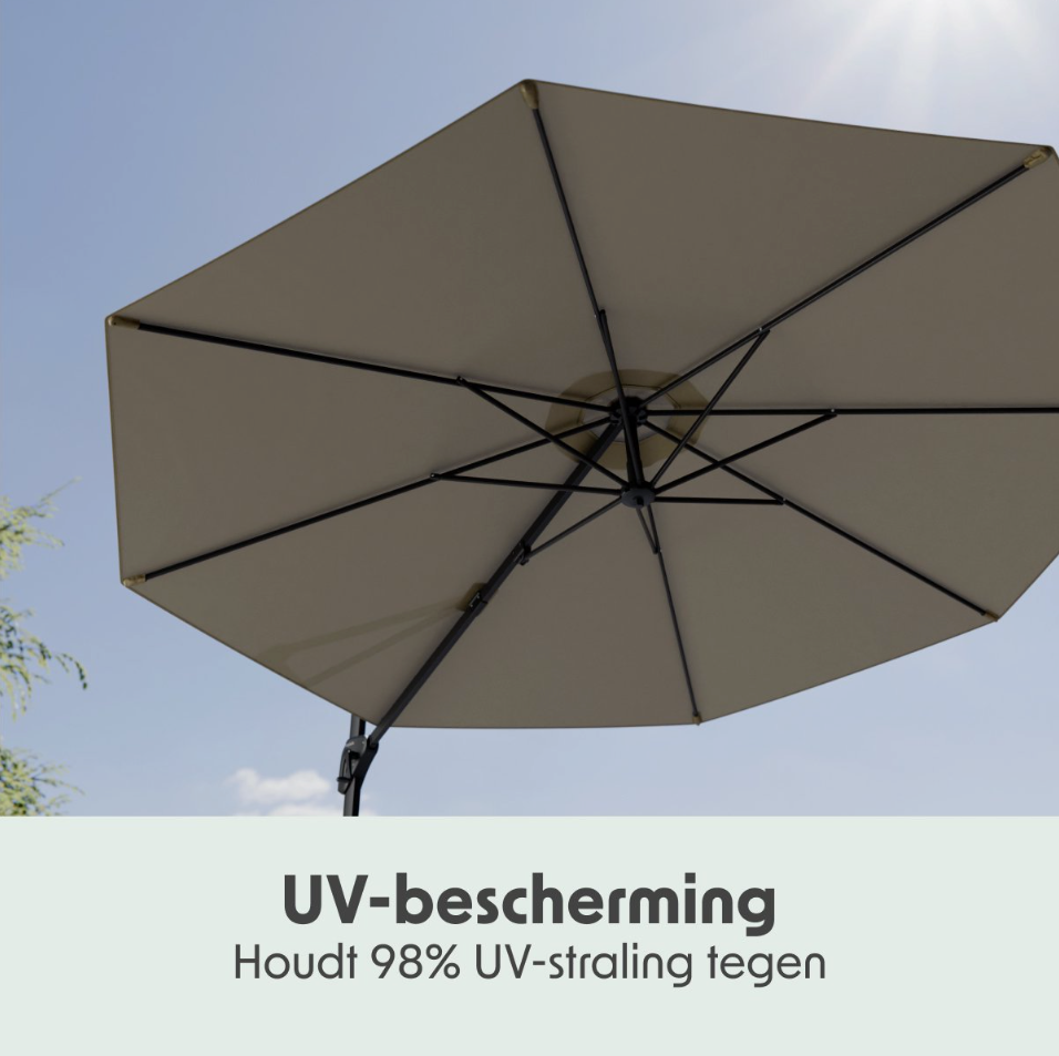 LifeGoods Zweefparasol Ø300 cm – 360° Draaibaar – 6 Standen – Incl. Hoes – Taupe