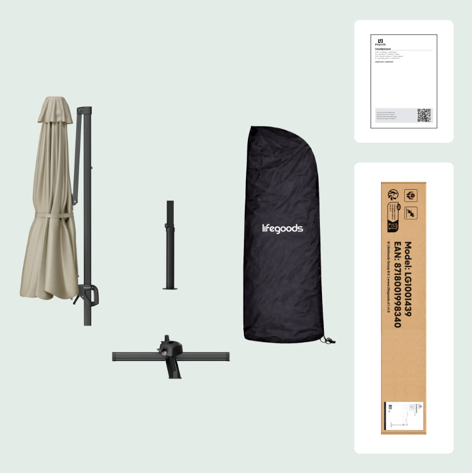 LifeGoods Zweefparasol Ø300 cm – 360° Draaibaar – 6 Standen – Incl. Hoes – Taupe