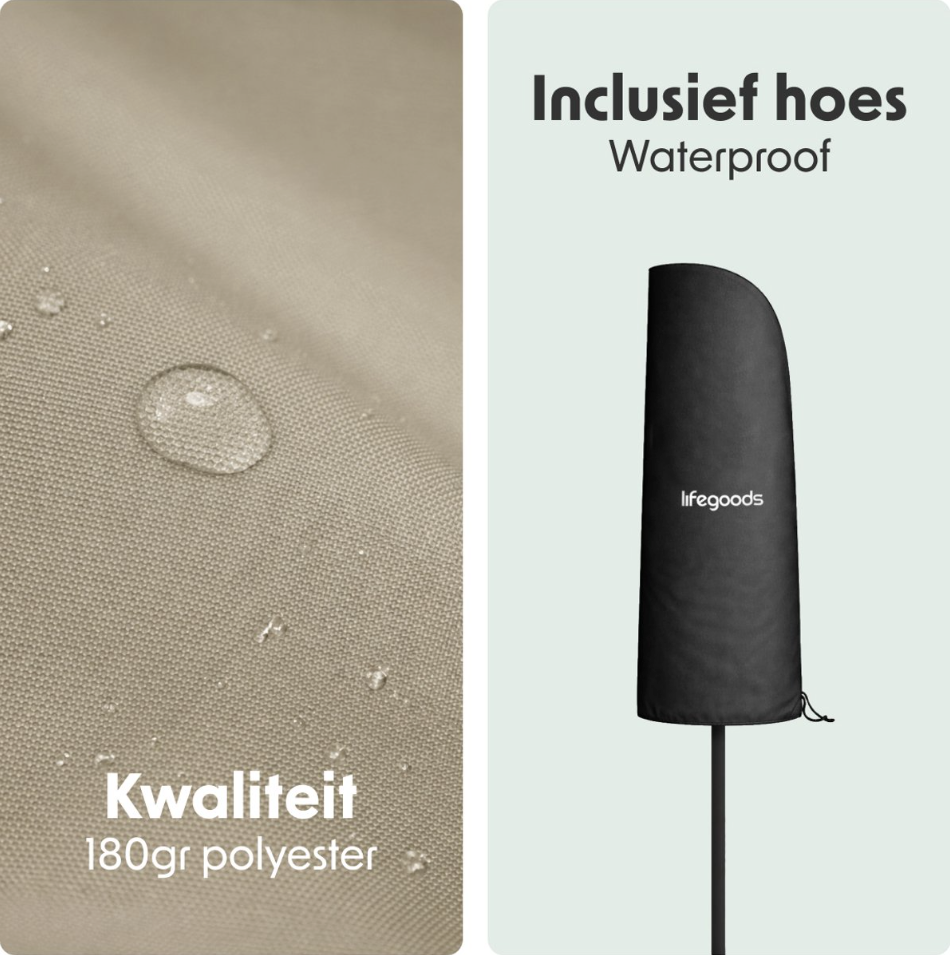LifeGoods Zweefparasol Ø300 cm – 360° Draaibaar – 6 Standen – Incl. Hoes – Taupe