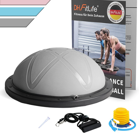 DH FitLife Balansbal – Yoga Balanstrainer Ø60 cm, Halve Gymbal met Weerstandsbanden & Pomp, Belastbaar tot 200 kg – Evenwichtsboard Fitness – Grijs