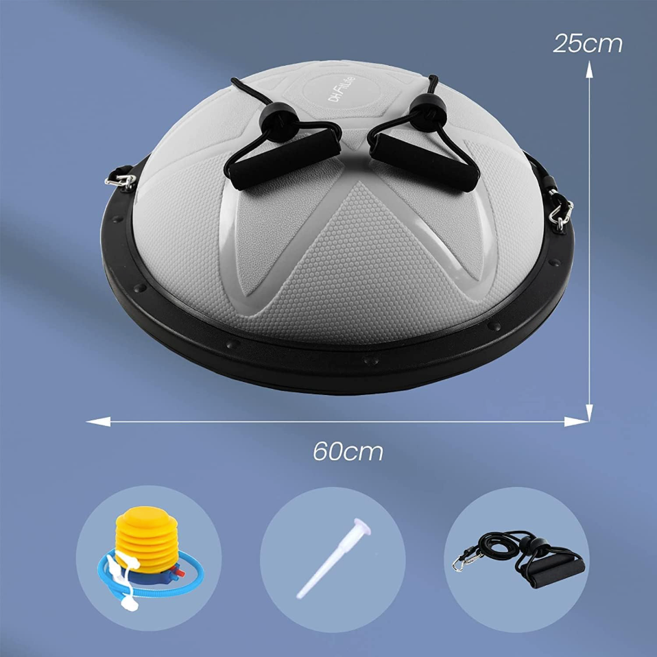 DH FitLife Balansbal – Yoga Balanstrainer Ø60 cm, Halve Gymbal met Weerstandsbanden & Pomp, Belastbaar tot 200 kg – Evenwichtsboard Fitness – Grijs