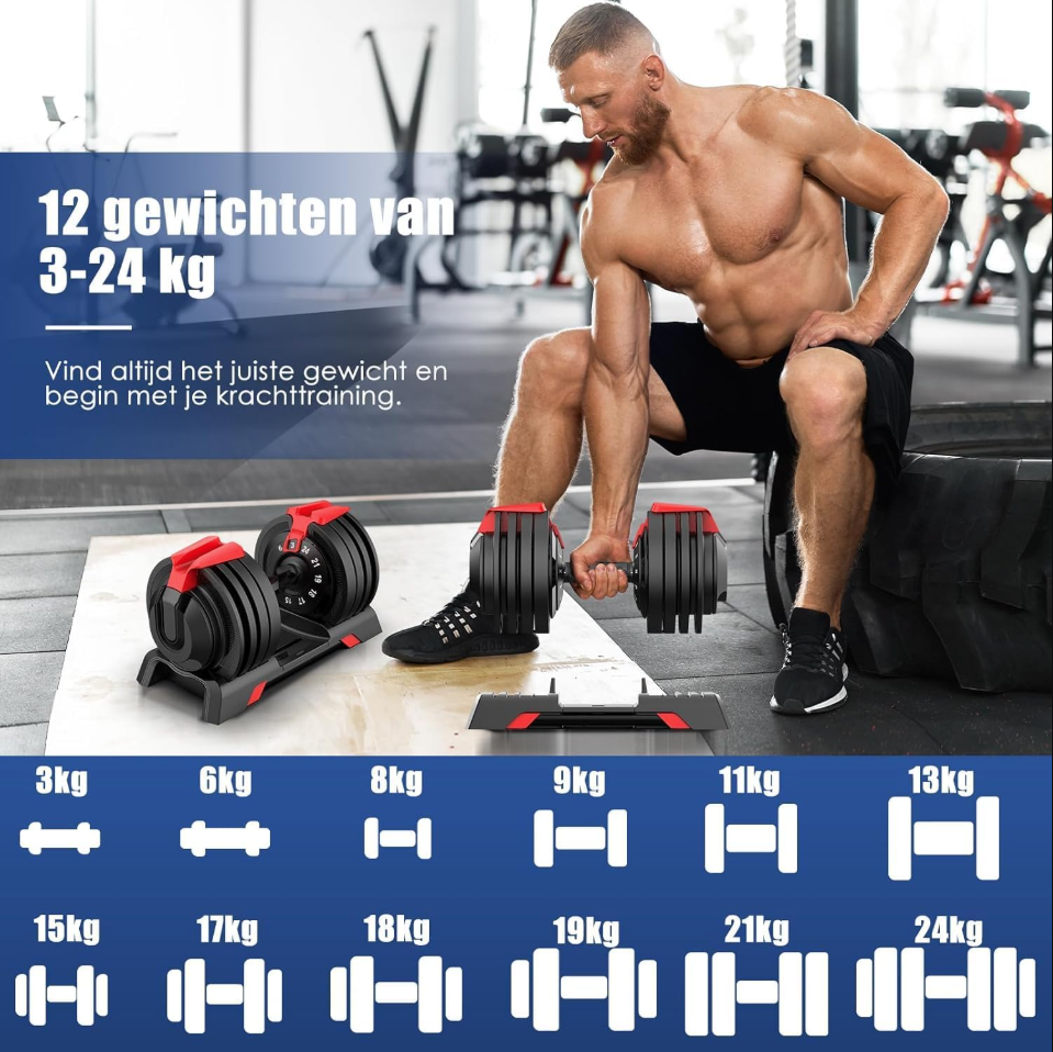 DH FitLife Verstelbare Halter 24KG – 12 Gewichtsniveaus - 3–24 KG – 12-in-1 Dumbbell Set - Halterschijven