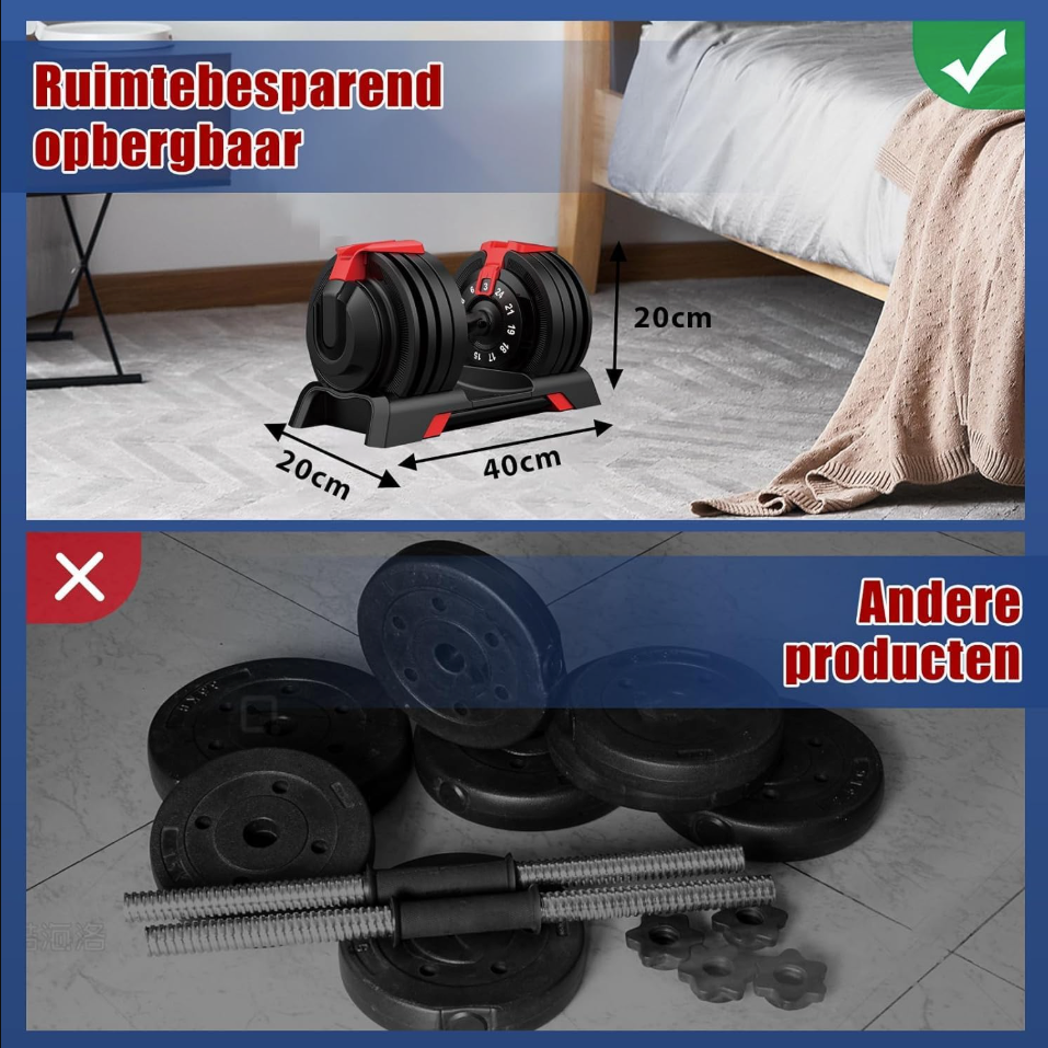 DH FitLife Verstelbare Halter 24KG – 12 Gewichtsniveaus - 3–24 KG – 12-in-1 Dumbbell Set - Halterschijven