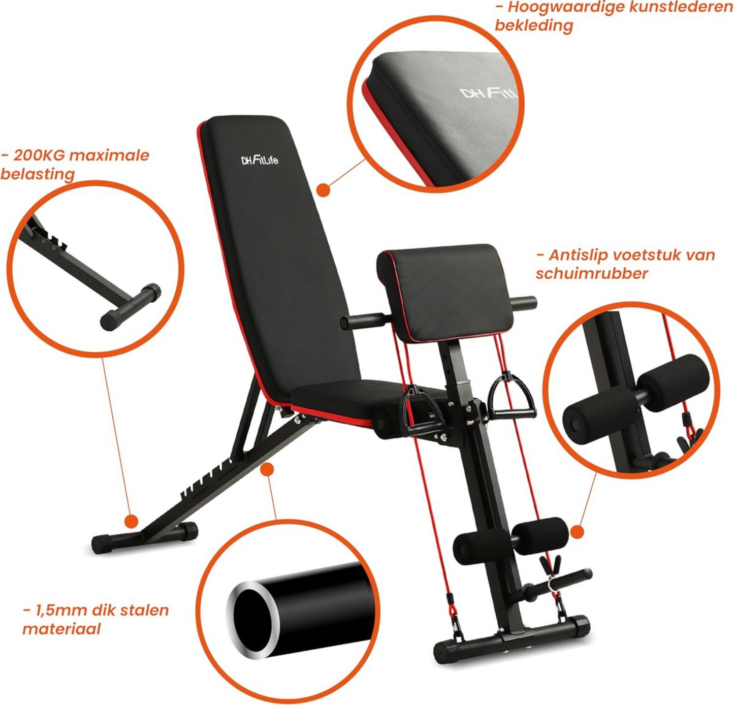 DH FitLife inklapbare halterbank met curlbank en beenstrekker, multifunctioneel – 7 niveaus