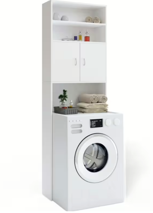 Casaria Wasmachinekast Neapel – Voorzien Van Drie Planken En Deuren Met Magneetsluiting En Wandmontage Kantelbeveiliging – Voor Badkamer En Bijkeuken – Wit Mdf-spaanplaat – 185x63x20 cm