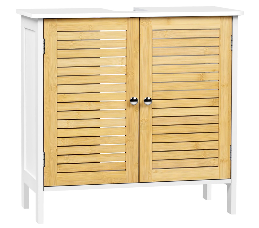 EUGAD Wastafelonderkast Napels – Voorzien Van Sifonuitsparing En Verstelbare Plank En Magnetische Lamellendeuren – Voor Badkamer En Toilet – Wit Gecoat Hout En Bamboe – 60 x 30 x 60 cm