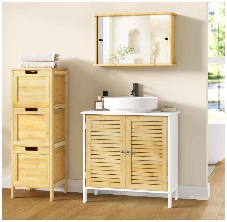 EUGAD Wastafelonderkast Napels – Voorzien Van Sifonuitsparing En Verstelbare Plank En Magnetische Lamellendeuren – Voor Badkamer En Toilet – Wit Gecoat Hout En Bamboe – 60 x 30 x 60 cm