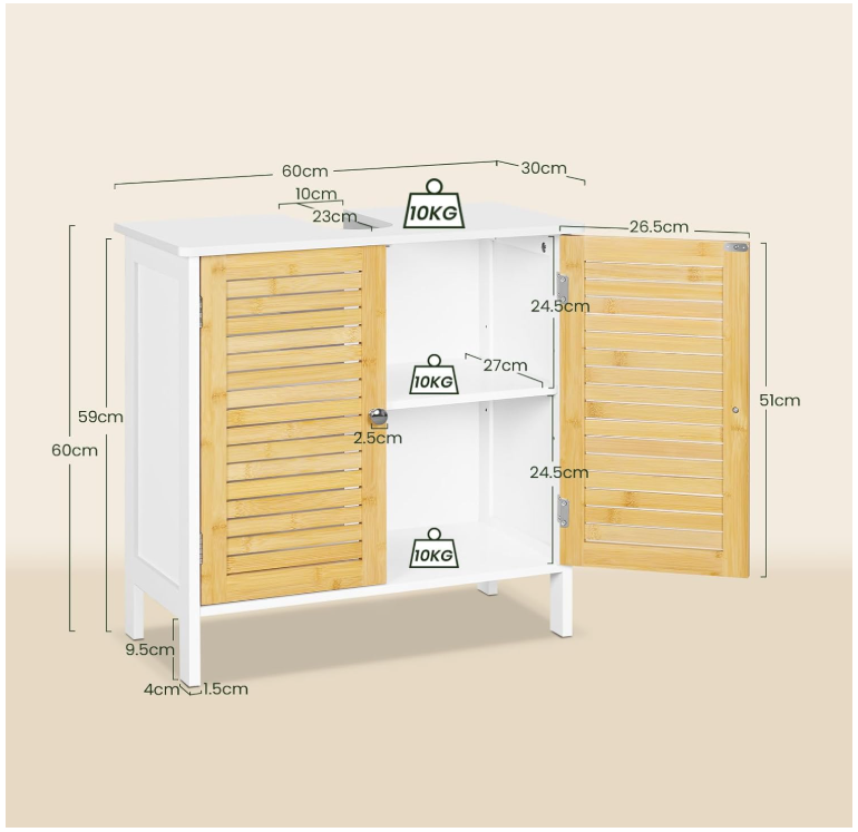 EUGAD Wastafelonderkast Napels – Voorzien Van Sifonuitsparing En Verstelbare Plank En Magnetische Lamellendeuren – Voor Badkamer En Toilet – Wit Gecoat Hout En Bamboe – 60 x 30 x 60 cm