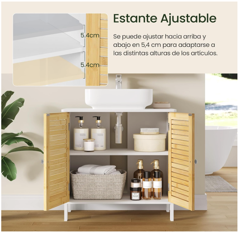 EUGAD Wastafelonderkast Napels – Voorzien Van Sifonuitsparing En Verstelbare Plank En Magnetische Lamellendeuren – Voor Badkamer En Toilet – Wit Gecoat Hout En Bamboe – 60 x 30 x 60 cm