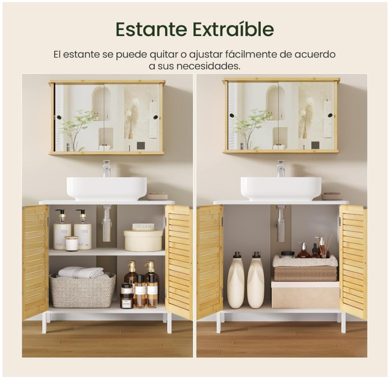 EUGAD Wastafelonderkast Napels – Voorzien Van Sifonuitsparing En Verstelbare Plank En Magnetische Lamellendeuren – Voor Badkamer En Toilet – Wit Gecoat Hout En Bamboe – 60 x 30 x 60 cm