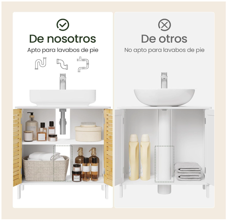 EUGAD Wastafelonderkast Napels – Voorzien Van Sifonuitsparing En Verstelbare Plank En Magnetische Lamellendeuren – Voor Badkamer En Toilet – Wit Gecoat Hout En Bamboe – 60 x 30 x 60 cm