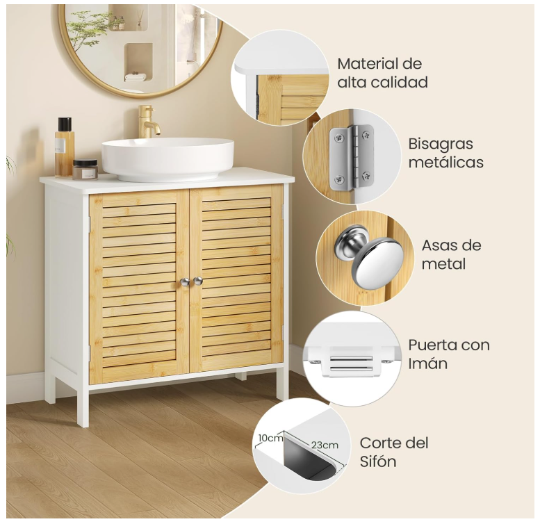 EUGAD Wastafelonderkast Napels – Voorzien Van Sifonuitsparing En Verstelbare Plank En Magnetische Lamellendeuren – Voor Badkamer En Toilet – Wit Gecoat Hout En Bamboe – 60 x 30 x 60 cm