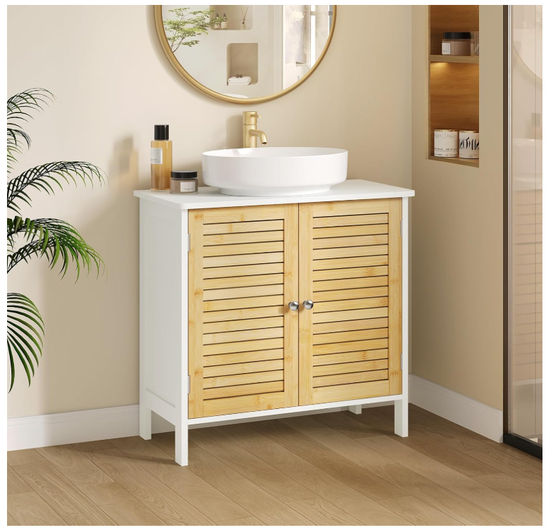 EUGAD Wastafelonderkast Napels – Voorzien Van Sifonuitsparing En Verstelbare Plank En Magnetische Lamellendeuren – Voor Badkamer En Toilet – Wit Gecoat Hout En Bamboe – 60 x 30 x 60 cm