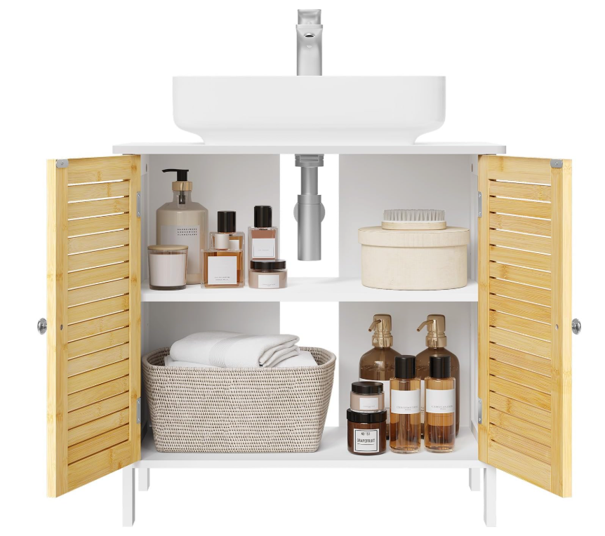 EUGAD Wastafelonderkast Napels – Voorzien Van Sifonuitsparing En Verstelbare Plank En Magnetische Lamellendeuren – Voor Badkamer En Toilet – Wit Gecoat Hout En Bamboe – 60 x 30 x 60 cm