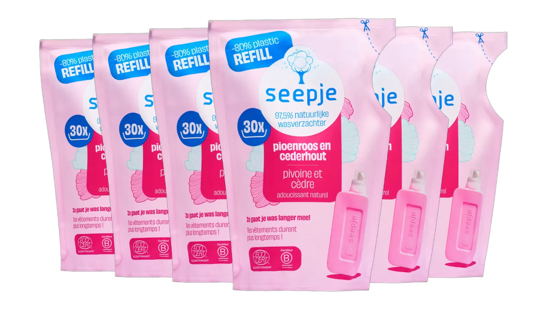 Seepje Wasverzachter Navulling Pioenroos & Cederhout – Voorzien Van Plantaardige Vezelbescherming En Ecocert Gecertificeerde Formule En Microplasticvrij Ontwerp – Voor Gekleurde En Witte Was – Roze Kunststof – 6 x 750 ml