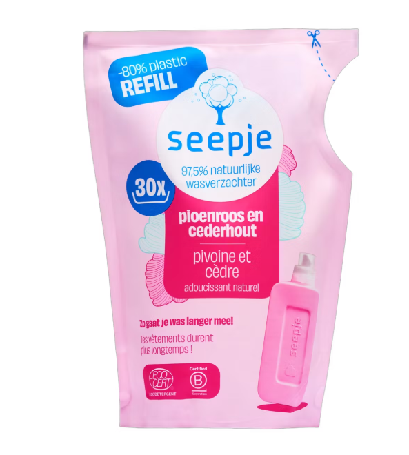 Seepje Wasverzachter Navulling Pioenroos & Cederhout – Voorzien Van Plantaardige Vezelbescherming En Ecocert Gecertificeerde Formule En Microplasticvrij Ontwerp – Voor Gekleurde En Witte Was – Roze Kunststof – 6 x 750 ml