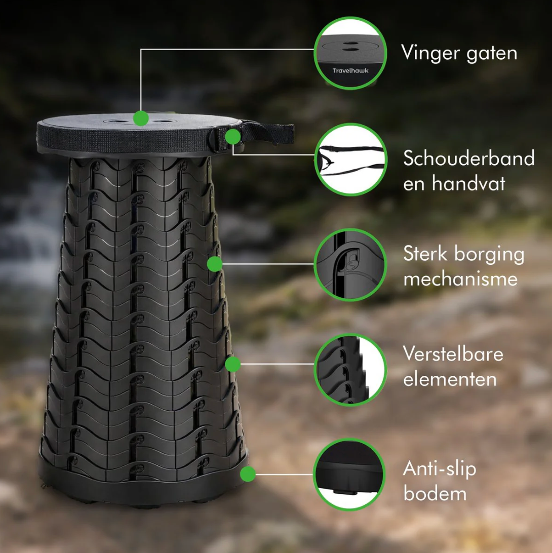 Travelhawk Opvouwbare Kruk – Voorzien Van Slijtvaste Polyester Zitting En Aluminium Frame En Inklapbaar Ontwerp – Voor Camping En Vissen – Zwart Polyester En Aluminium – Honderdvijftig kg