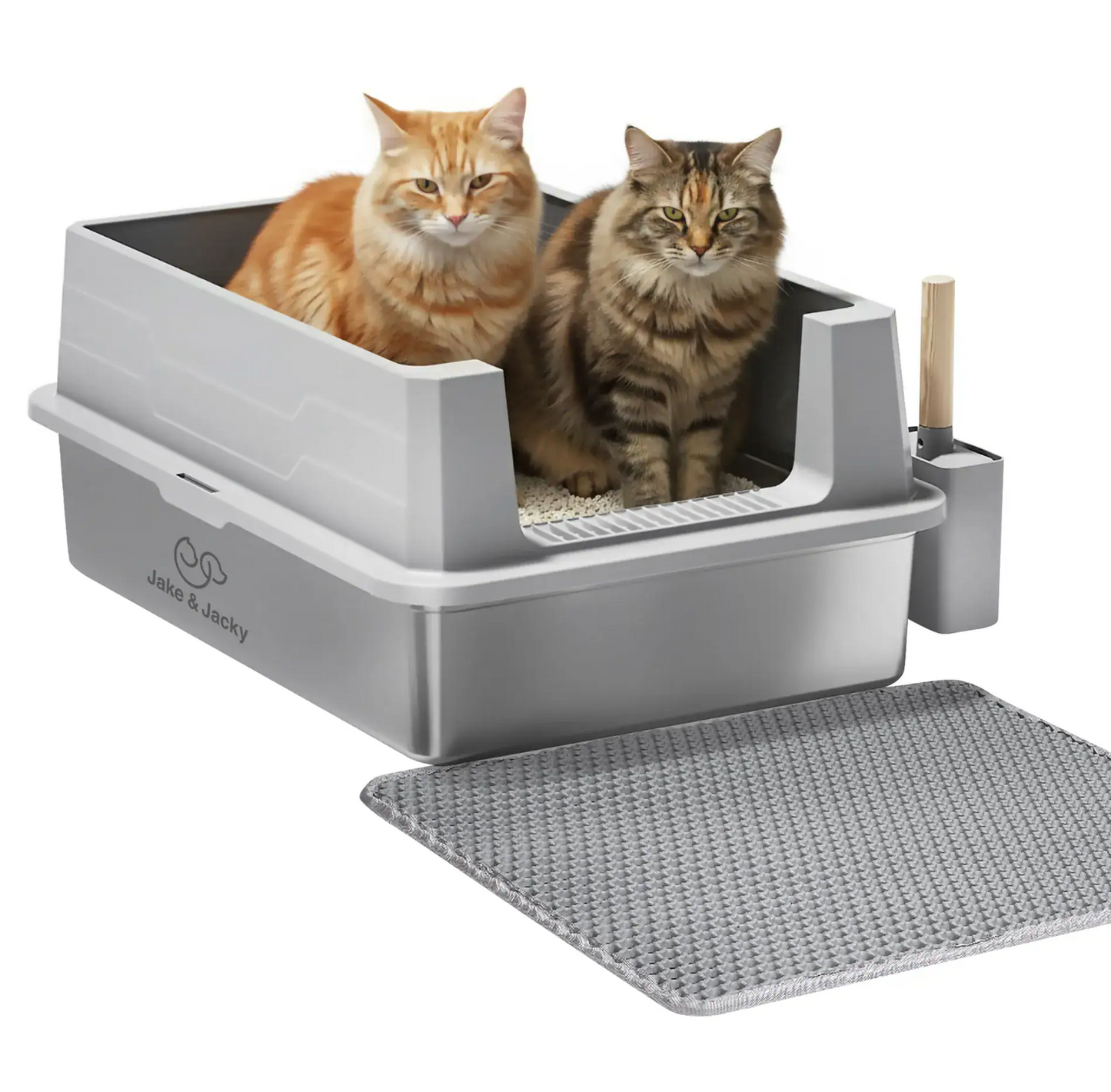 Jake & Jacky RVS Kattenbak Open XXL - voor Grote Katten - Incl. Kattenbakschep met Houder en Gritopvang Mat
