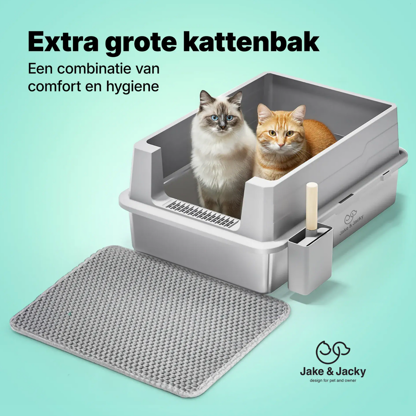 Jake & Jacky RVS Kattenbak Open XXL - voor Grote Katten - Incl. Kattenbakschep met Houder en Gritopvang Mat