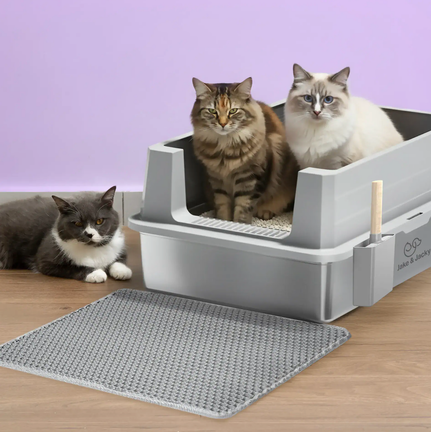 Jake & Jacky RVS Kattenbak Open XXL - voor Grote Katten - Incl. Kattenbakschep met Houder en Gritopvang Mat