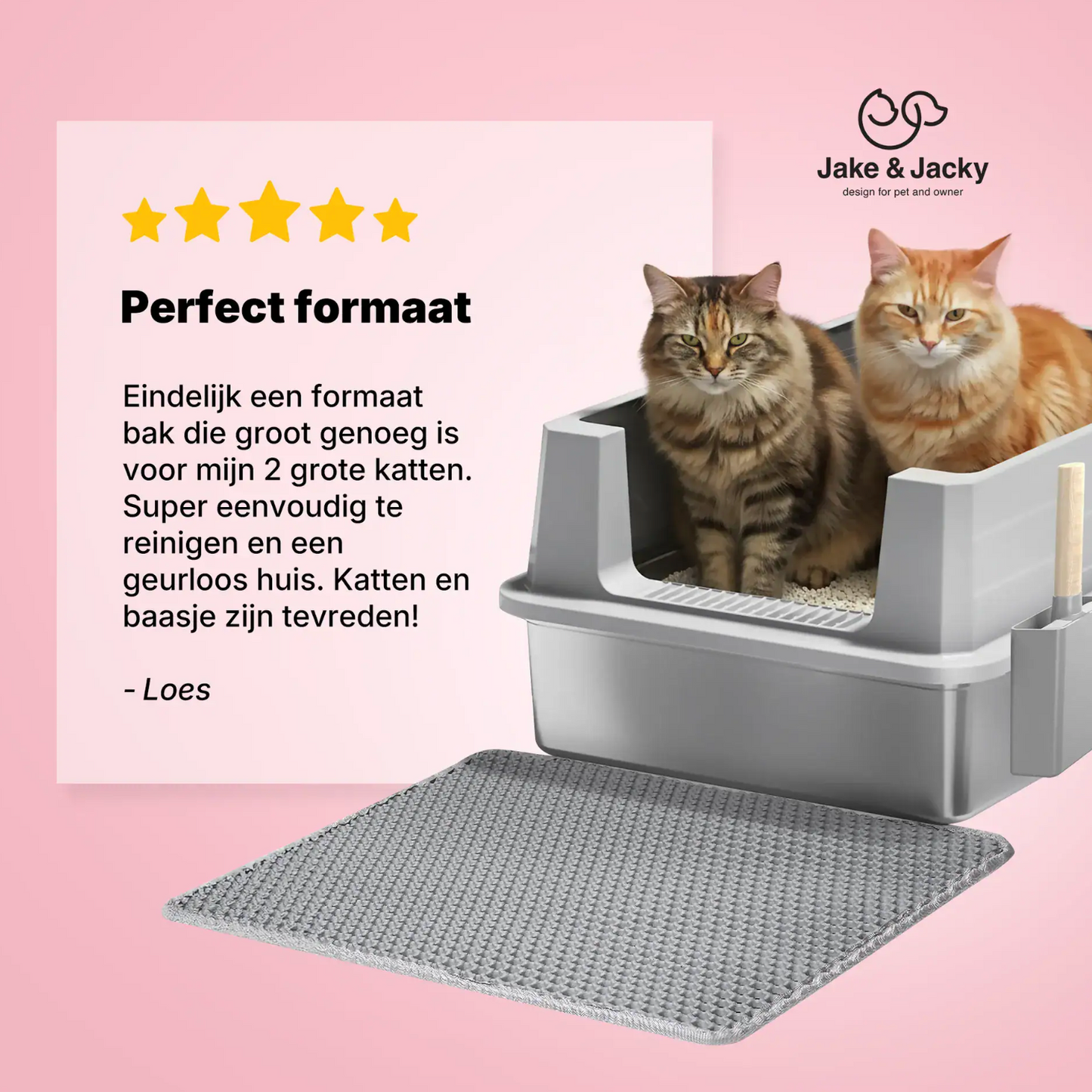 Jake & Jacky RVS Kattenbak Open XXL - voor Grote Katten - Incl. Kattenbakschep met Houder en Gritopvang Mat