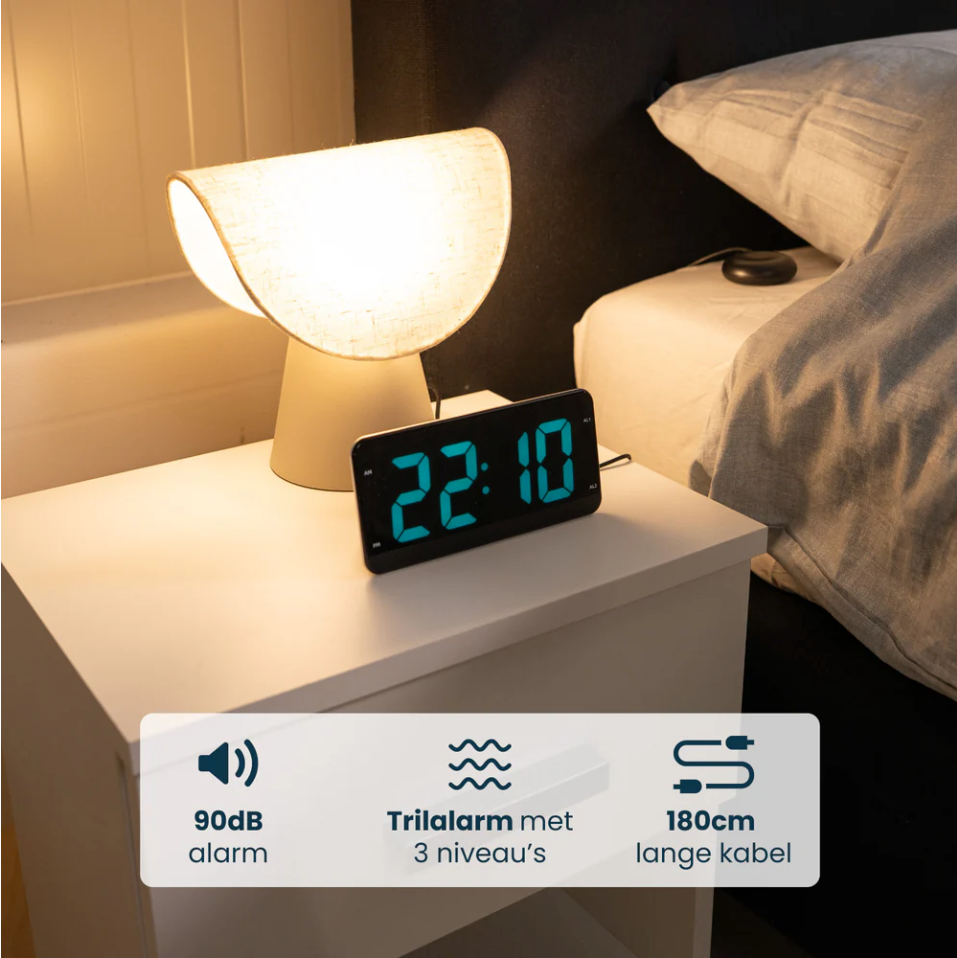 DreamCare Pulse Wekker Met Trilfunctie En Bed Shaker – Voorzien Van Volledig Dimbaar Display En Dubbel Alarm En Snoozefunctie – Voor Diepe Slapers En Slechthorenden – Zwart Kunststof – 180 cm Kabel