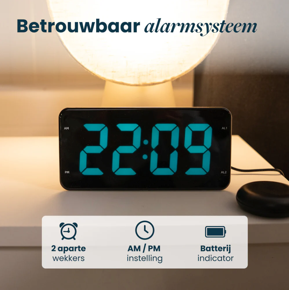 DreamCare Pulse Wekker Met Trilfunctie En Bed Shaker – Voorzien Van Volledig Dimbaar Display En Dubbel Alarm En Snoozefunctie – Voor Diepe Slapers En Slechthorenden – Zwart Kunststof – 180 cm Kabel